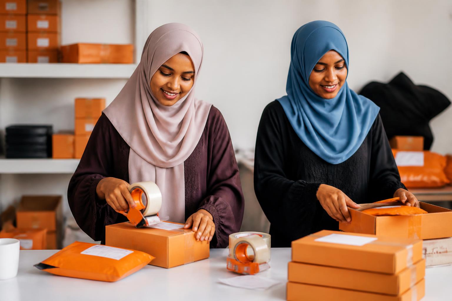 Trainees packaging customer orders for dispatch