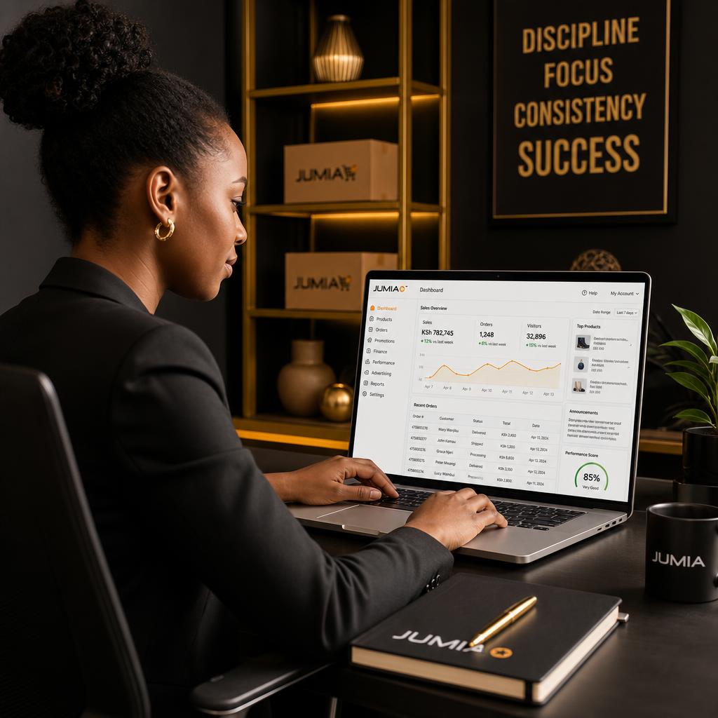 Seller managing a Jumia dashboard on laptop